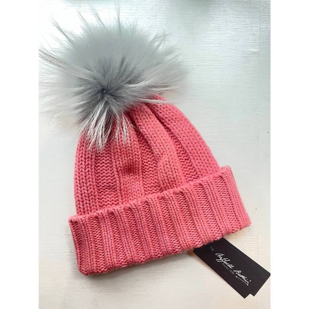 NEW RAFFAELLO BETTINI women's cashmere ribbed beanie in pink with grey raccoon p